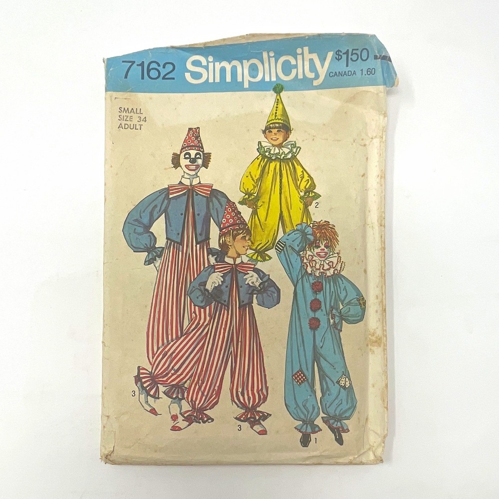 Simplicity 7162 VTG 1970s Clown Costume Sewing Pattern Adult Sz 34 CUT 11pc